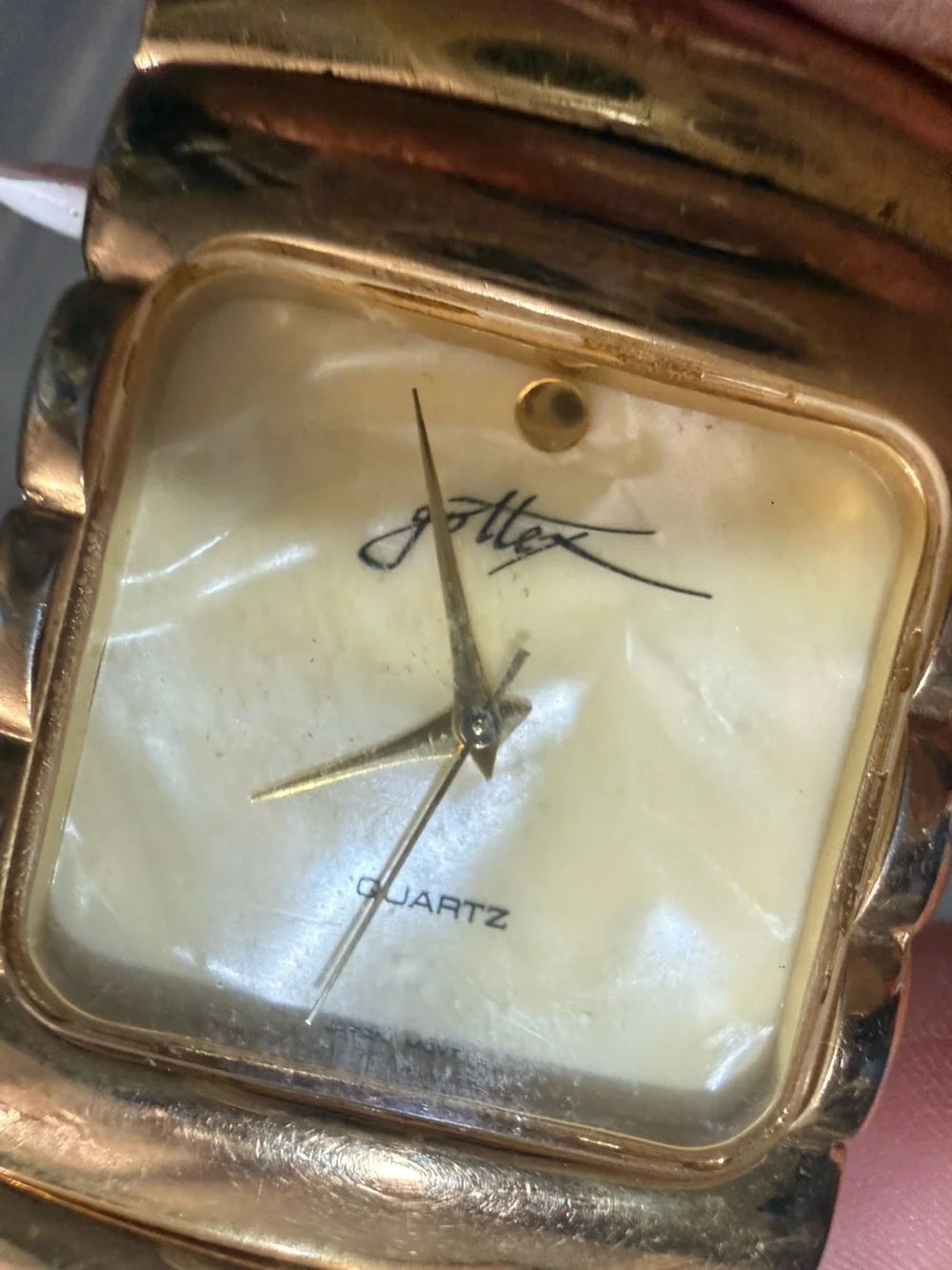 Vintage Gottex Gold Tone Cuff Watch Mother of Pearl Dial Quartz Stretch Band